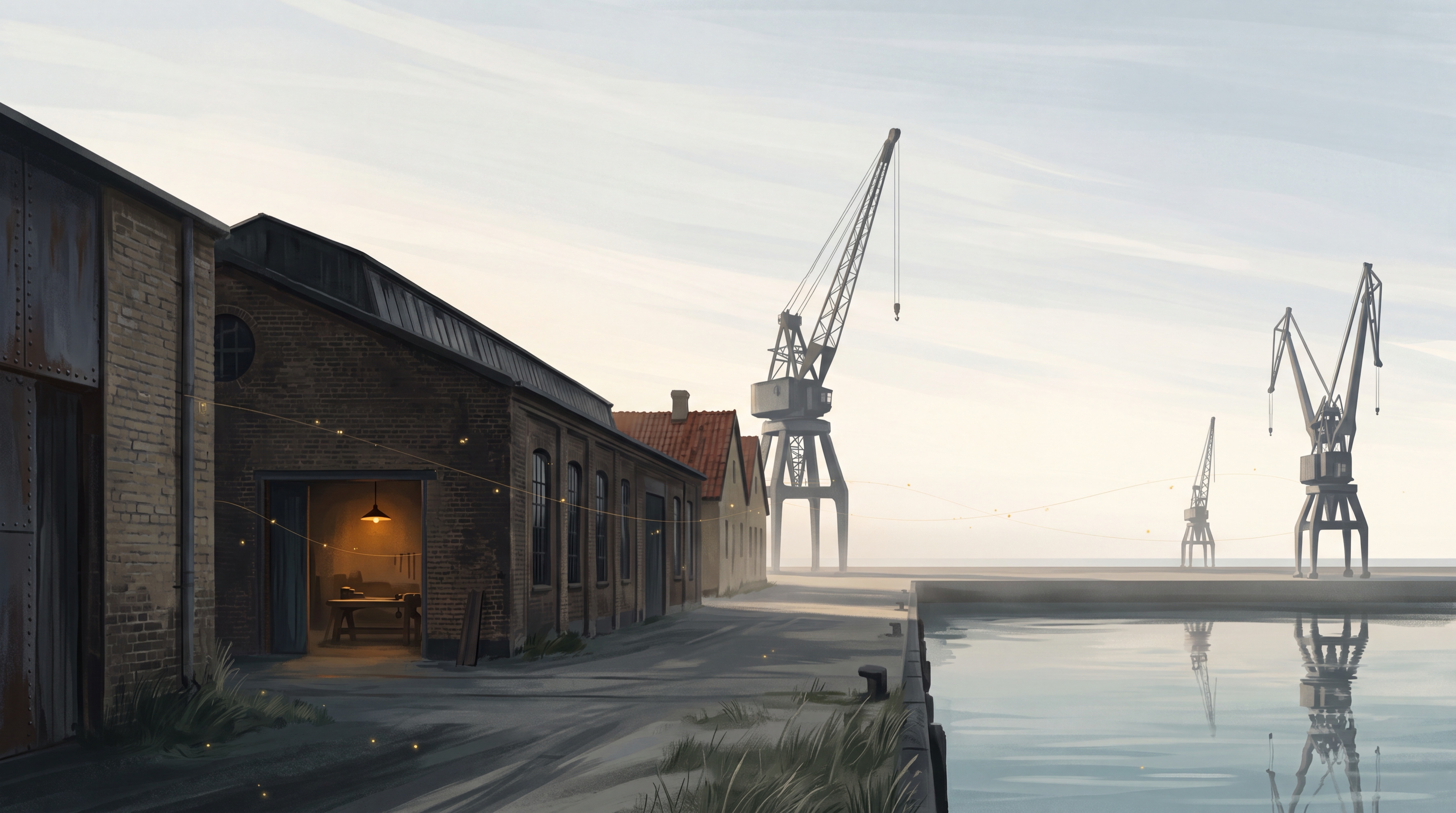 Et gammelt værftsområde ved havnen i tusmørke med kraner over stille vand og en oplyst værkstedsdør i en gul murstensgavl