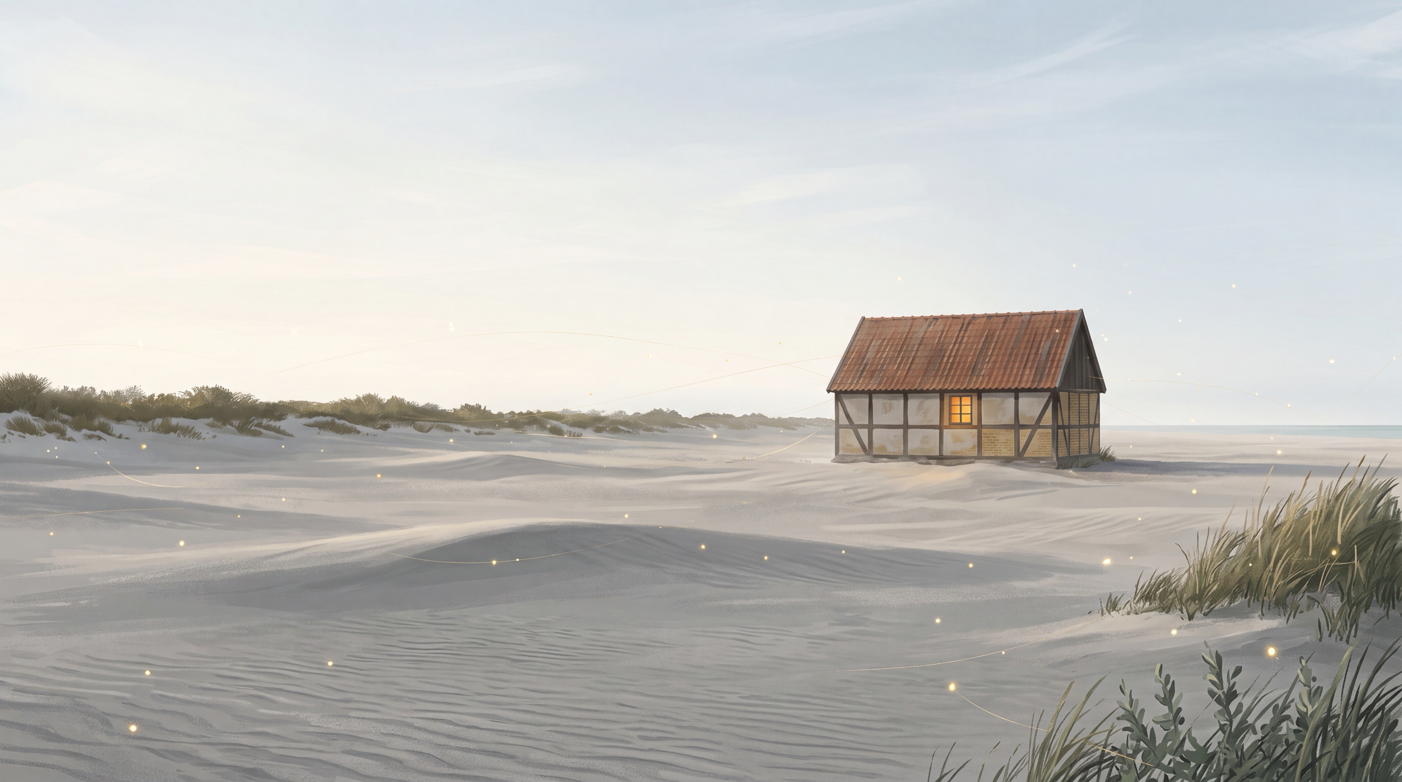 Åben vandreklit af lyst gråt sand under en bred nordisk aftenhimmel med lange bløde skygger