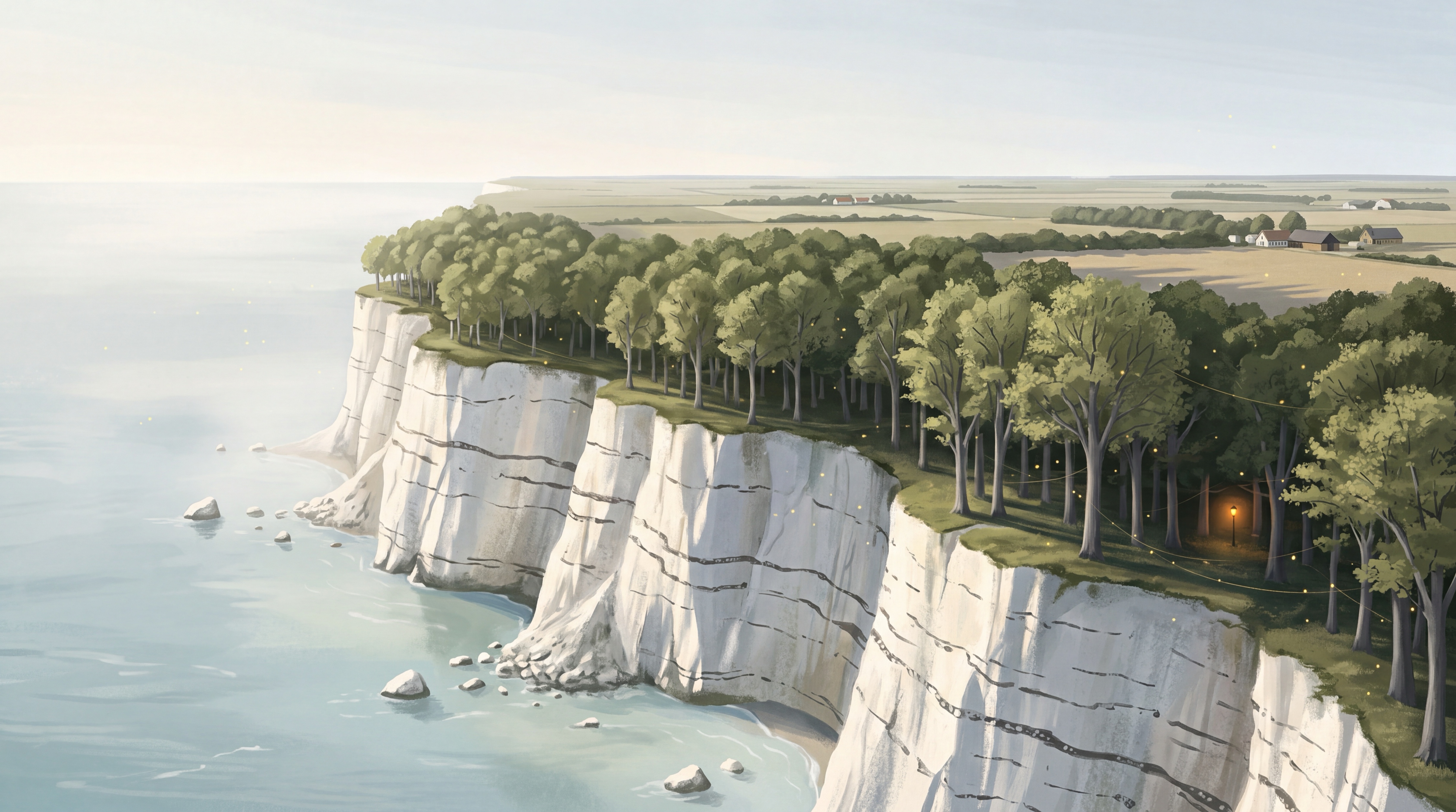 Hvid kridtklint med mørke flintlag over lyst blågrønt vand, bøgeskov på kanten og en dansk gård med ét oplyst vindue, illustration til Claude pris i Danmark