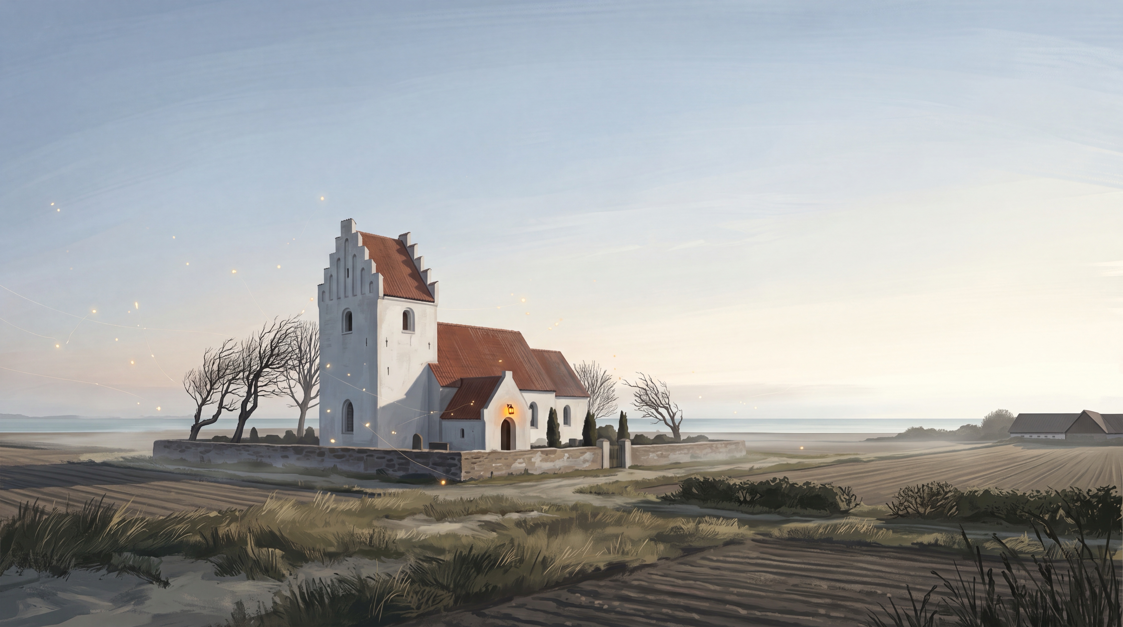 Hvidkalket landsbykirke med kamtakket gavl og rødt tegltag, omgivet af marker og med havet i horisonten