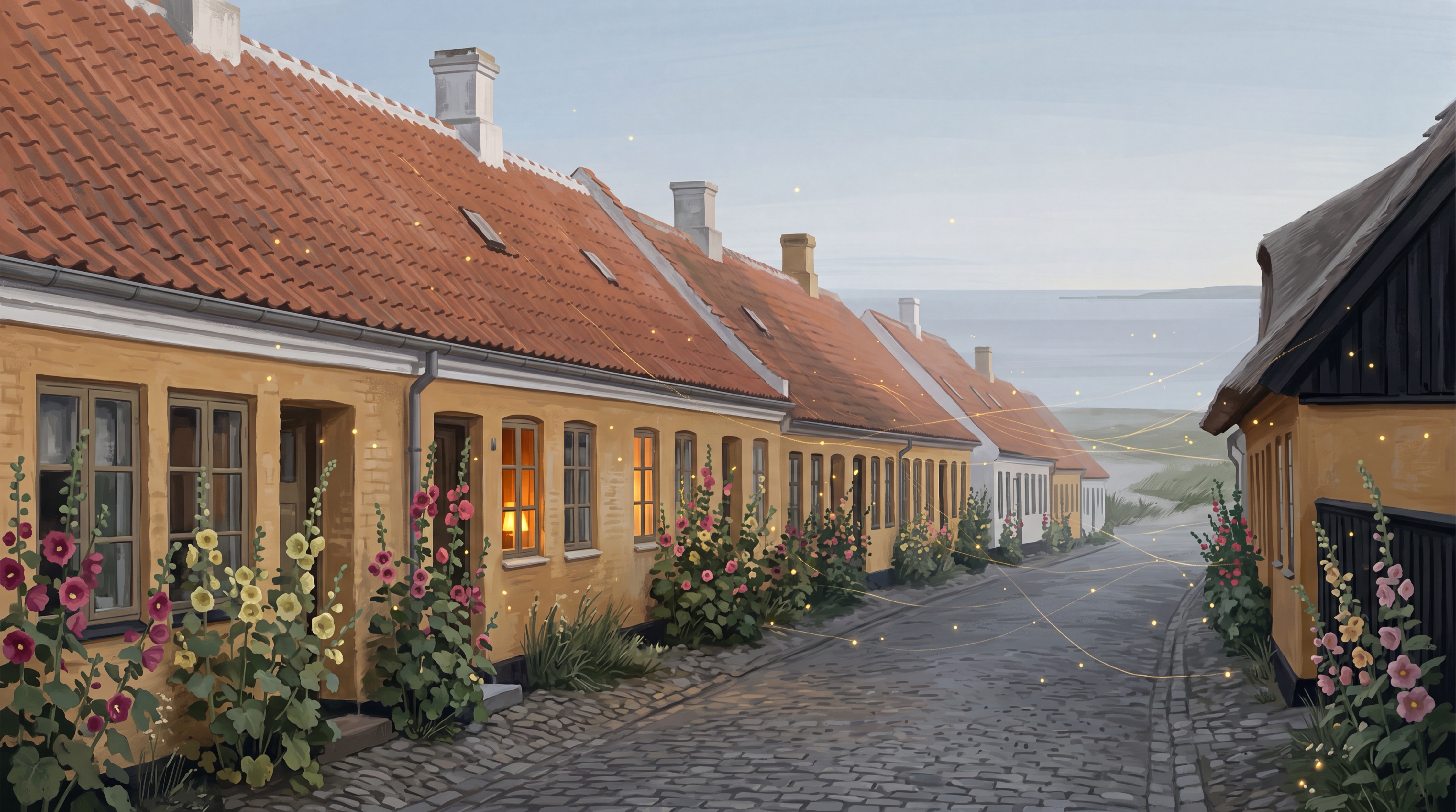Aftenlys over åbne marker med spredte træer og en kystlinje i horisonten